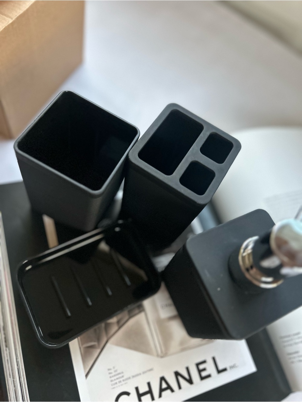 Black Ribbed Bathroom Accessory Set - 4 Piece